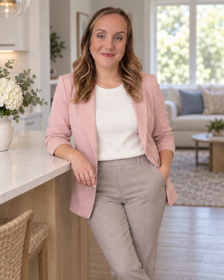 Faith Nance, REALTOR® and founder of FN Home Group, standing in a bright kitchen wearing a pink blazer